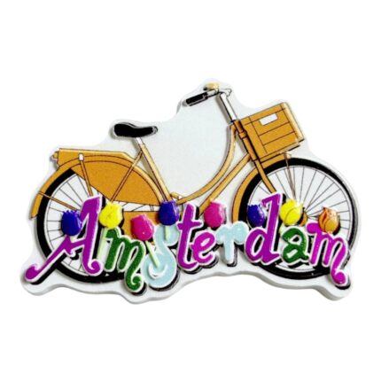 amsterdam bicycle fridge magnet yellow bike with floral letters, dutch tulip festival souvenir | cheerful netherlands kitchen decor