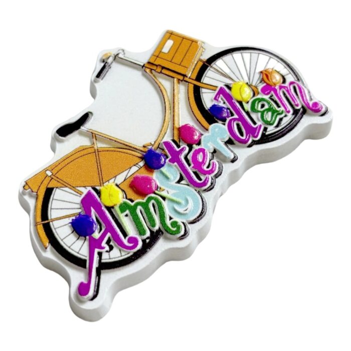 amsterdam bicycle fridge magnet yellow bike with floral letters, dutch tulip festival souvenir | cheerful netherlands kitchen decor