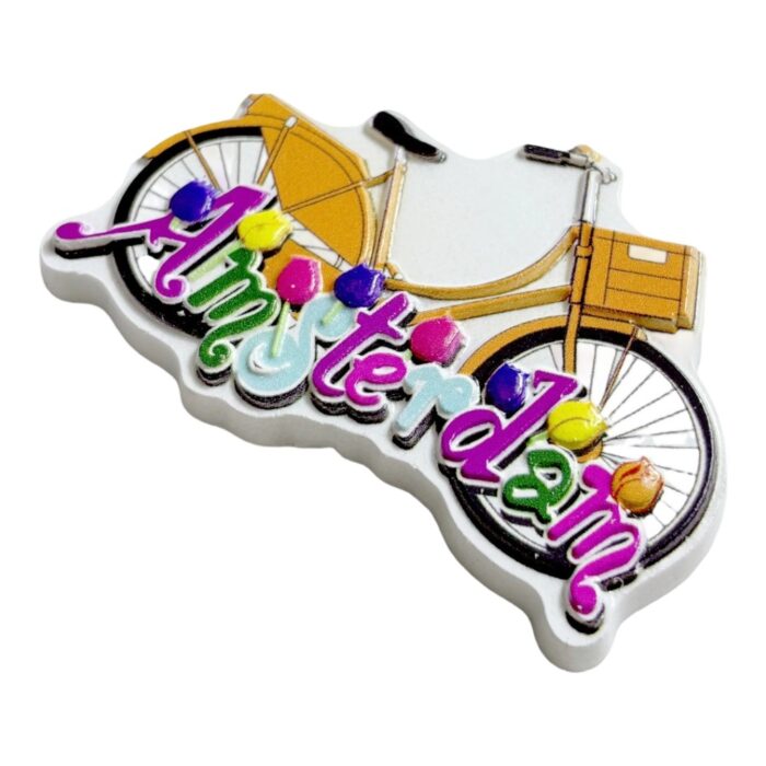 amsterdam bicycle fridge magnet yellow bike with floral letters, dutch tulip festival souvenir | cheerful netherlands kitchen decor